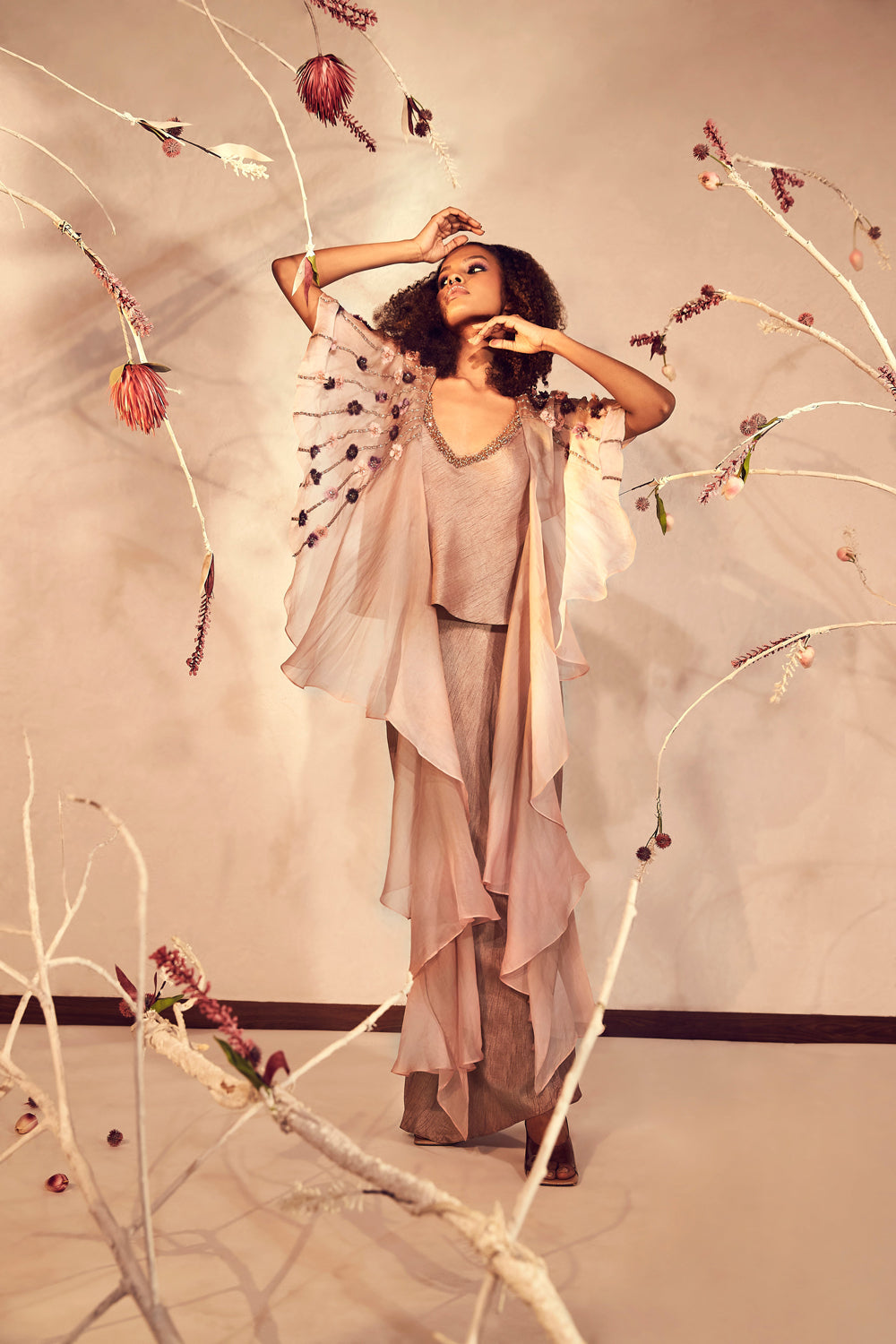 Coffee Top with Flared Pants And Cape