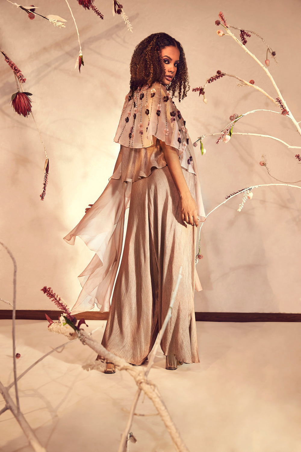 Coffee Top with Flared Pants And Cape