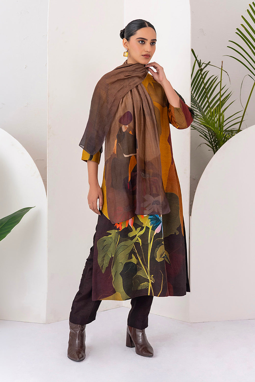 Shades Of Brown Thin Chanderi Printed Stole  (1 PC)