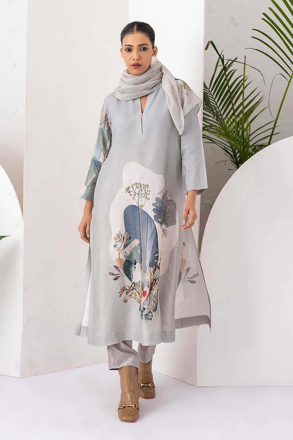 Grey Thin Chanderi Printed Stole  (1 PC)