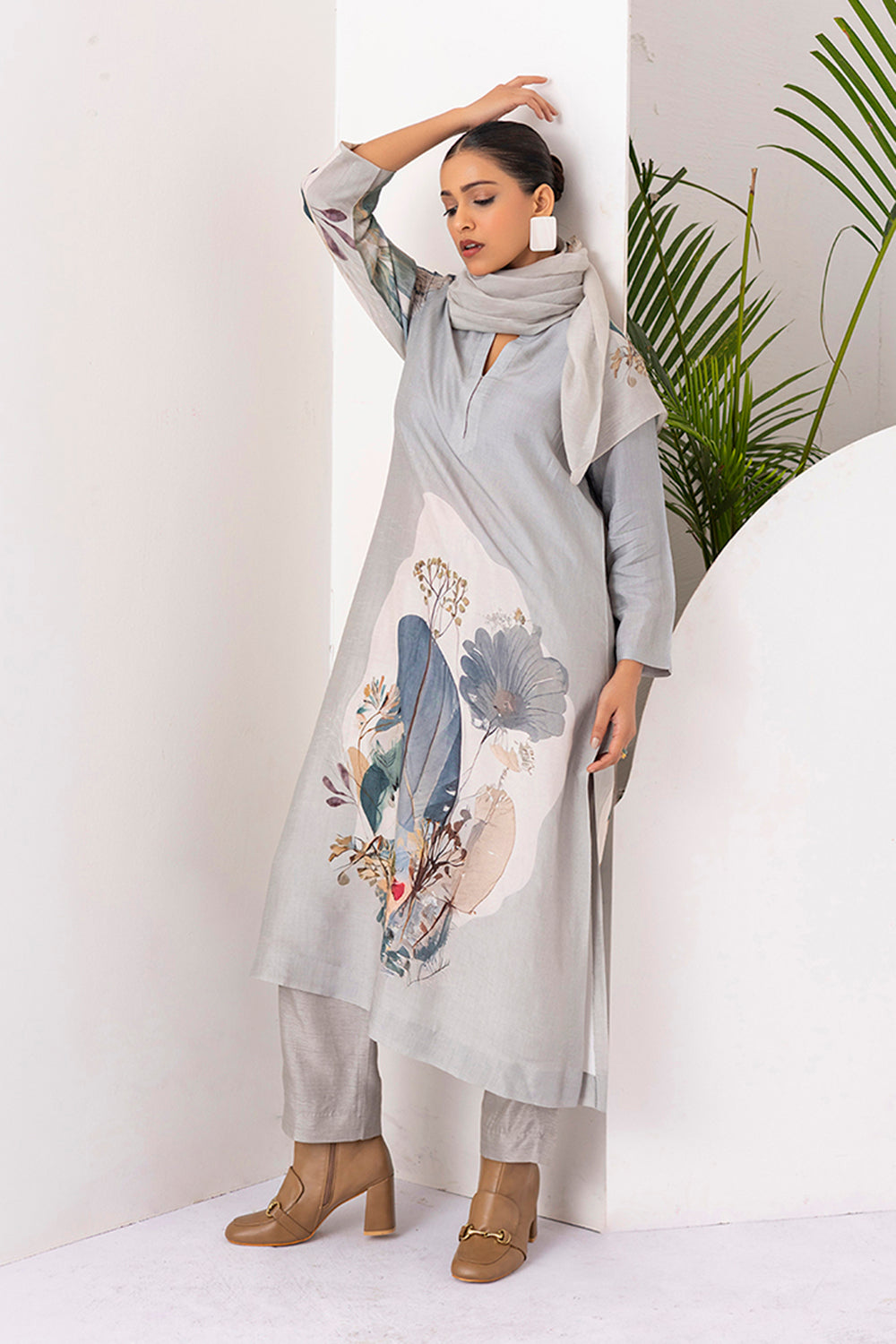 Grey Thin Chanderi Printed Stole  (1 PC)