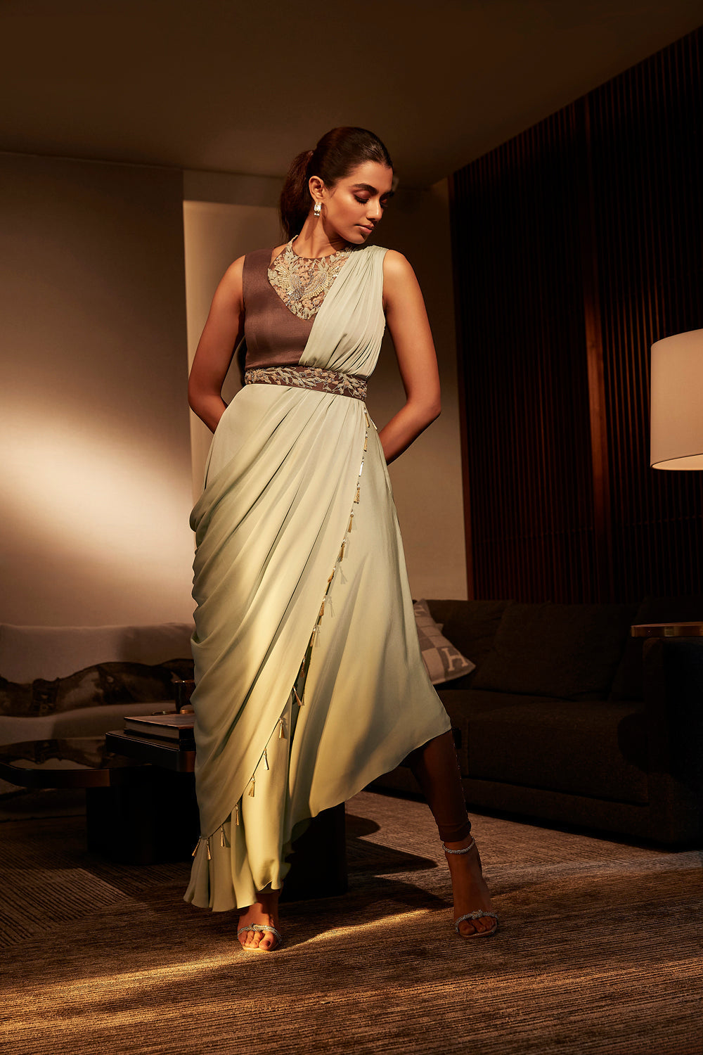 Embroidered Dress with Double Layer Drape