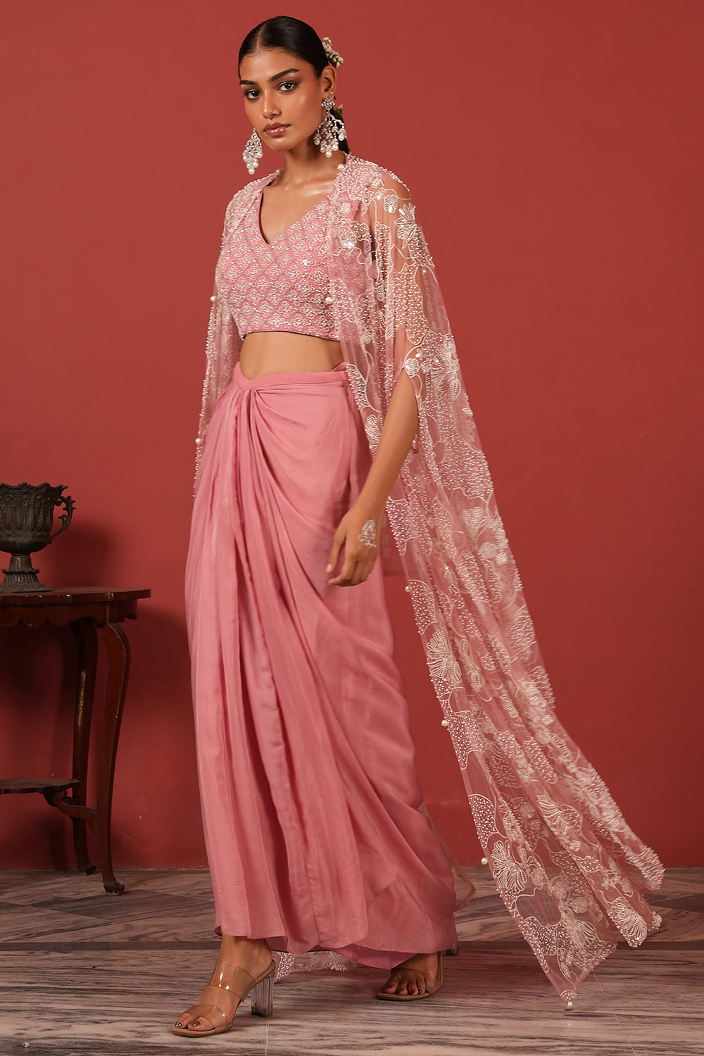 Flawless Drape Skirt Set with Embroidered Blouse & Cape