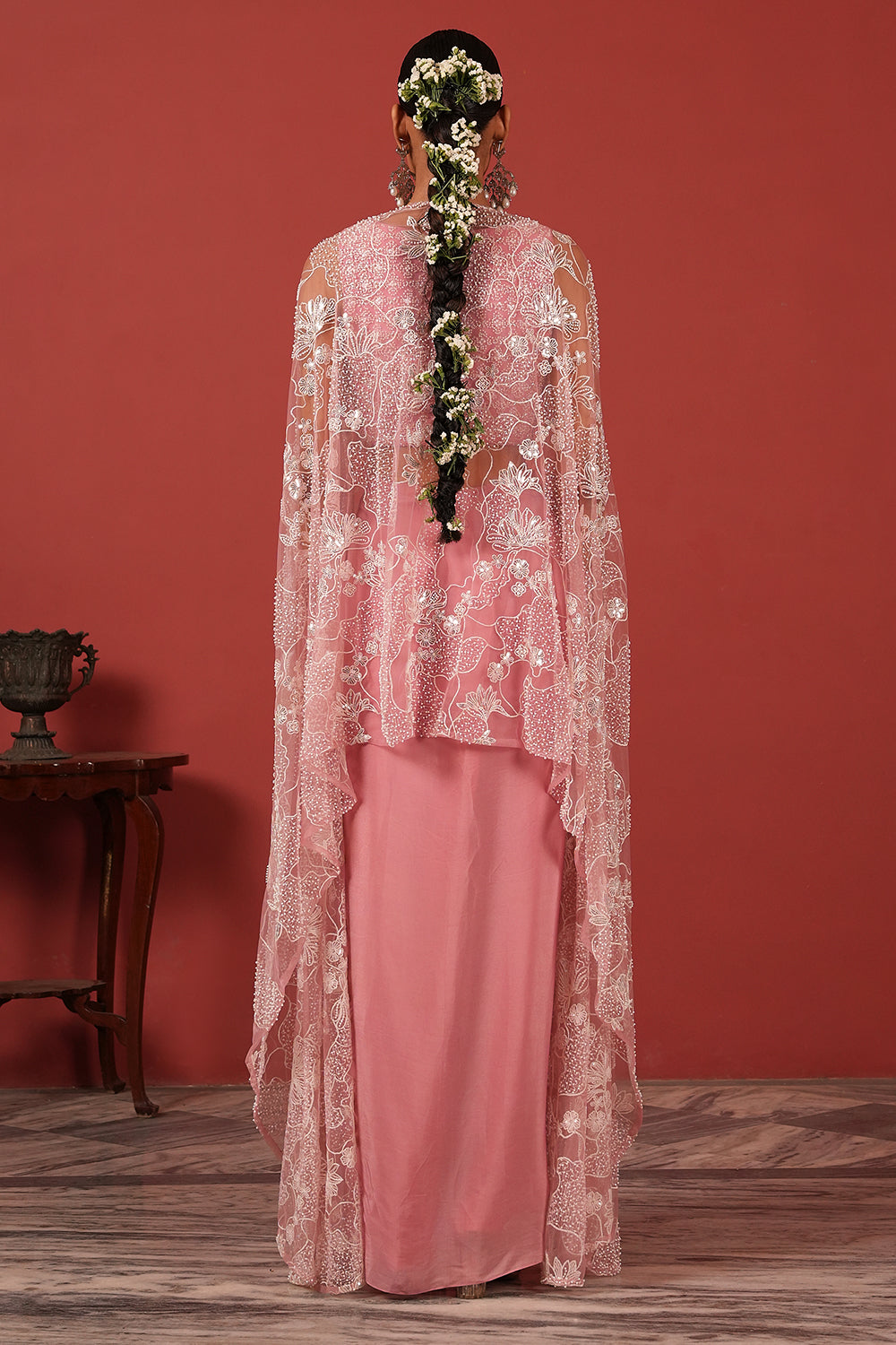 Flawless Drape Skirt Set with Embroidered Blouse & Cape