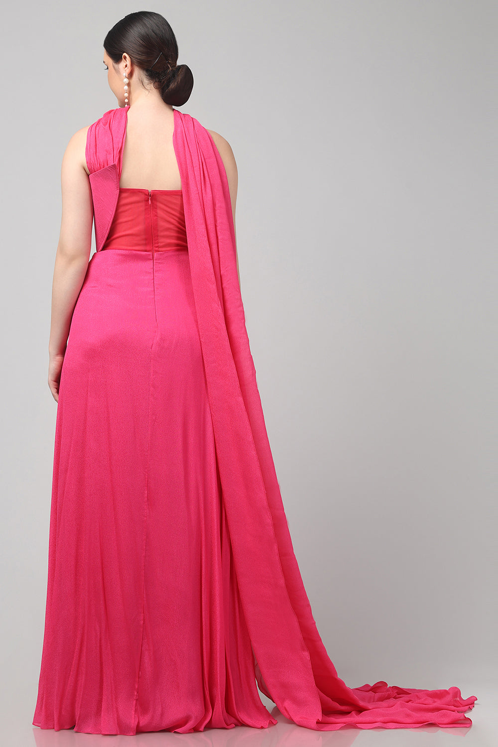 Fuchsia Embellished Strapless Saree Gown with Drape Detail