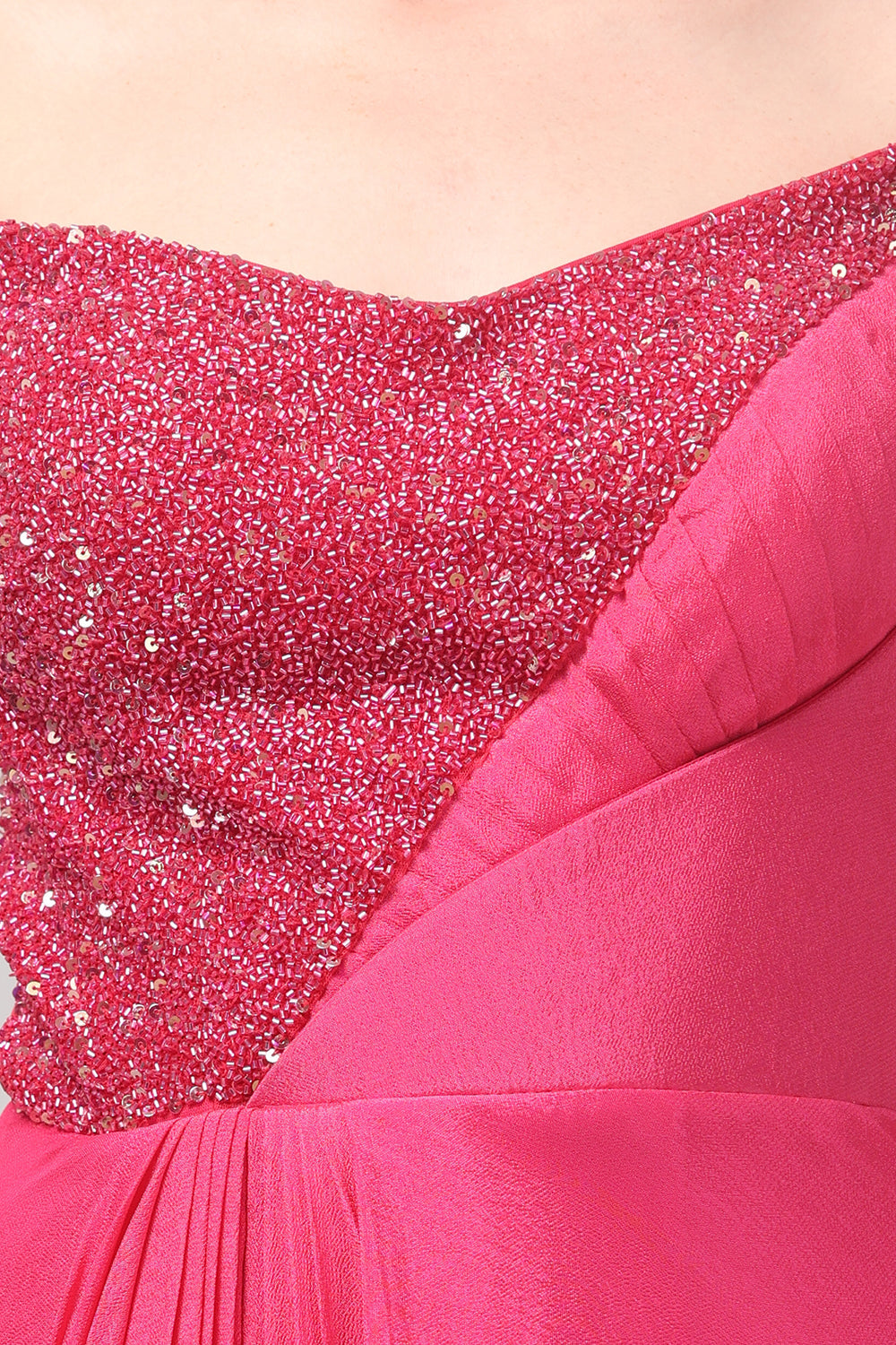 Fuchsia Embellished Strapless Saree Gown with Drape Detail