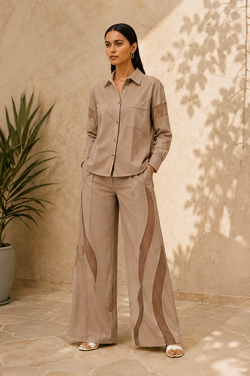 Mocha Cotton Blend Shirt & Sheer Panel Wide-Leg Co-Ord Set