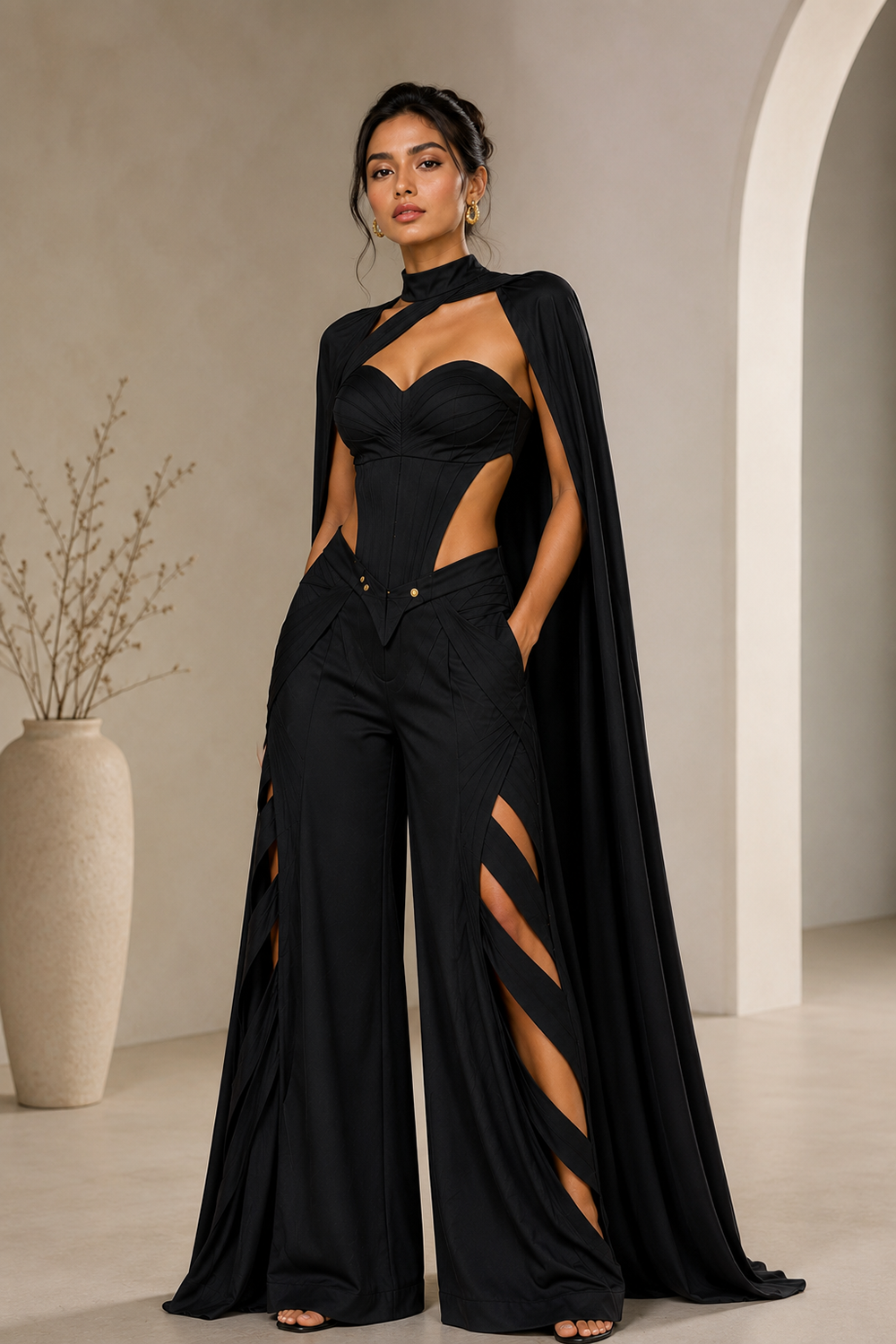 Black Premium Lycra Co-Ord Set with Cut-Out Corset