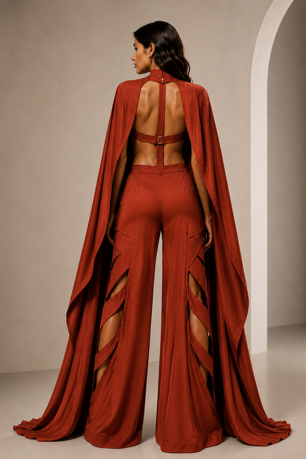 Rust Lycra Co-Ord Set with Sculpted Corset, Statement Cape