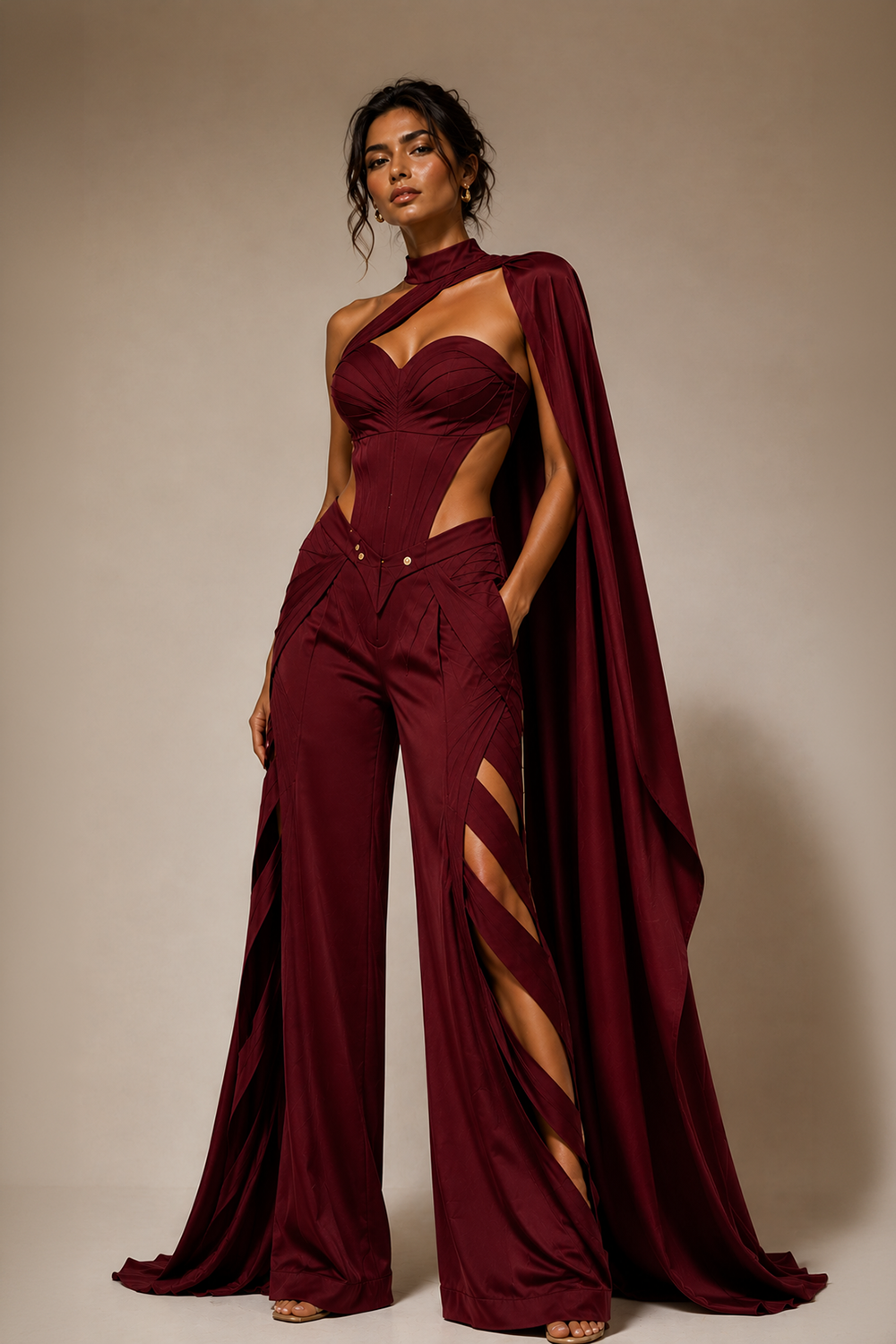 Wine Lycra Co-Ord Set with Statement Cape & Cutwork Wide-Leg Pant