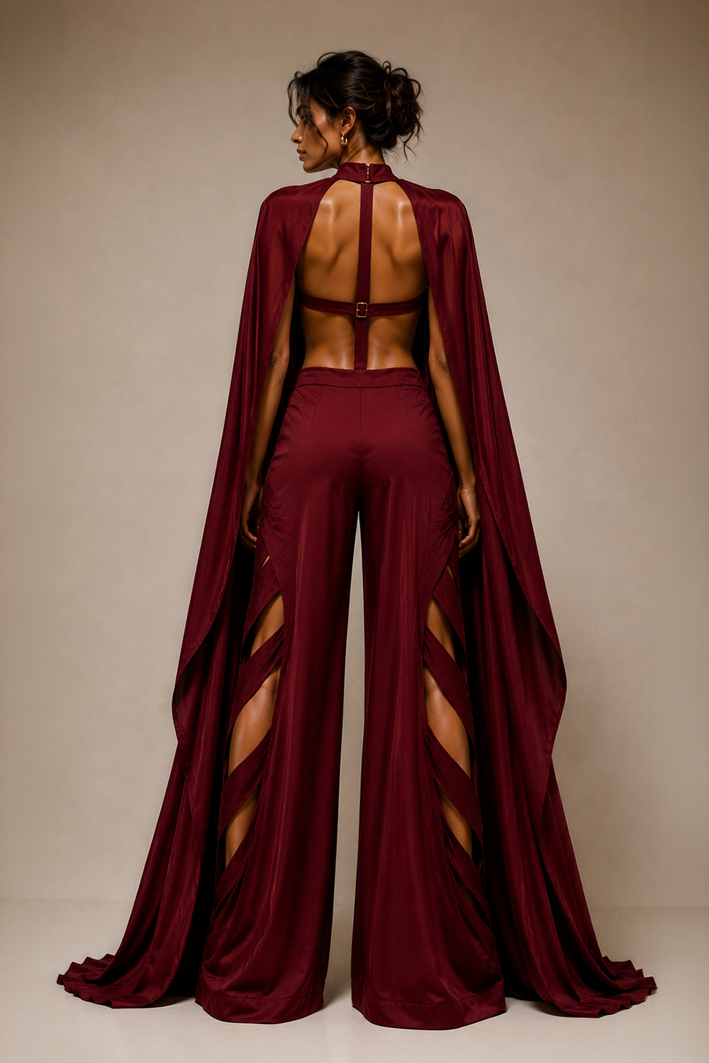 Wine Lycra Co-Ord Set with Statement Cape & Cutwork Wide-Leg Pant