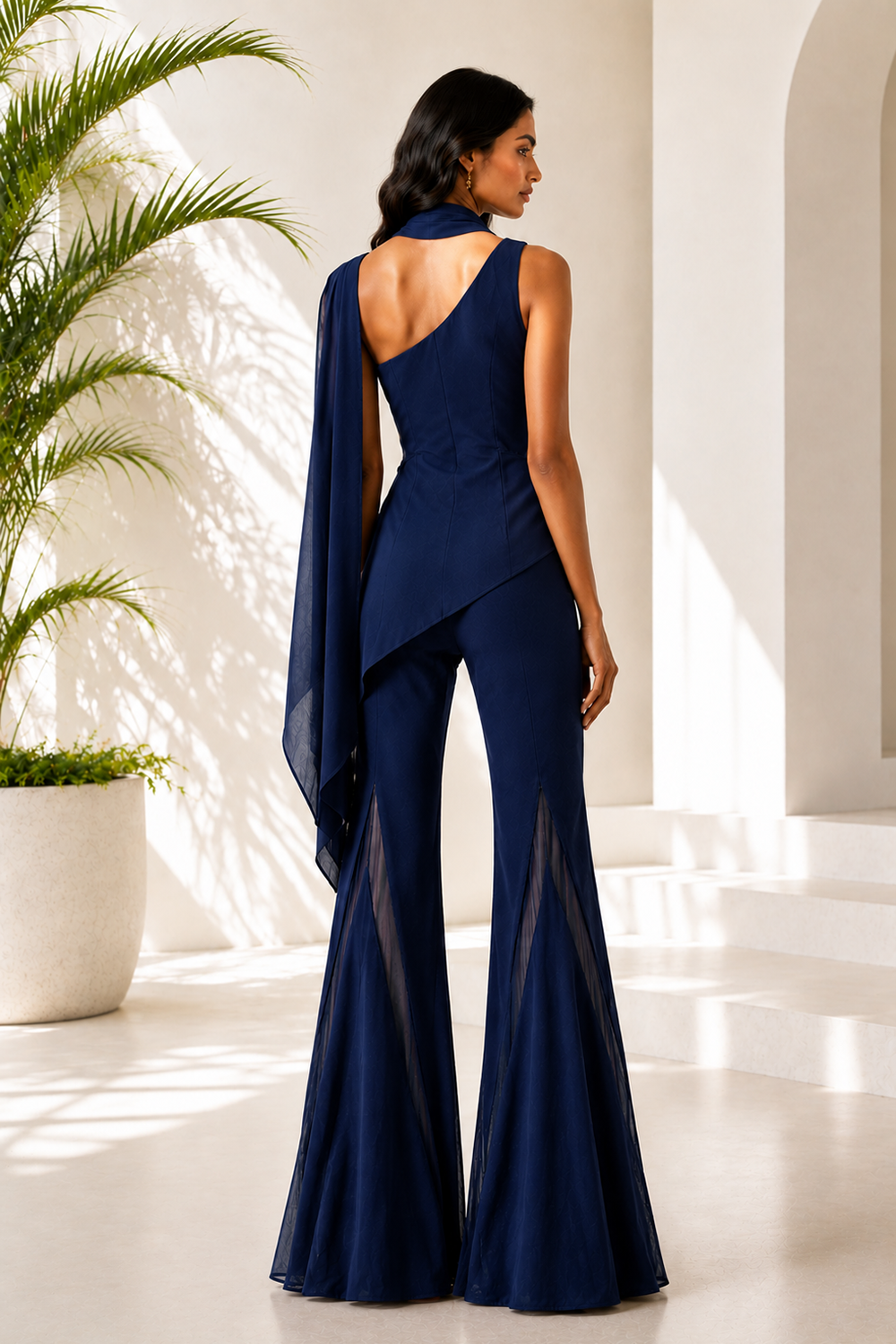 Navy Blue Lycra One-Shoulder Co-Ord Set
