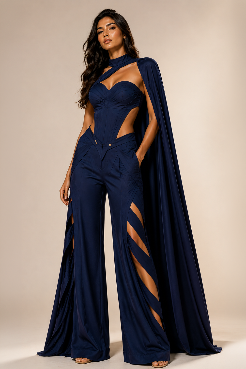 Navy Blue Premium Lycra Sleeveless Cape Co-Ord Set