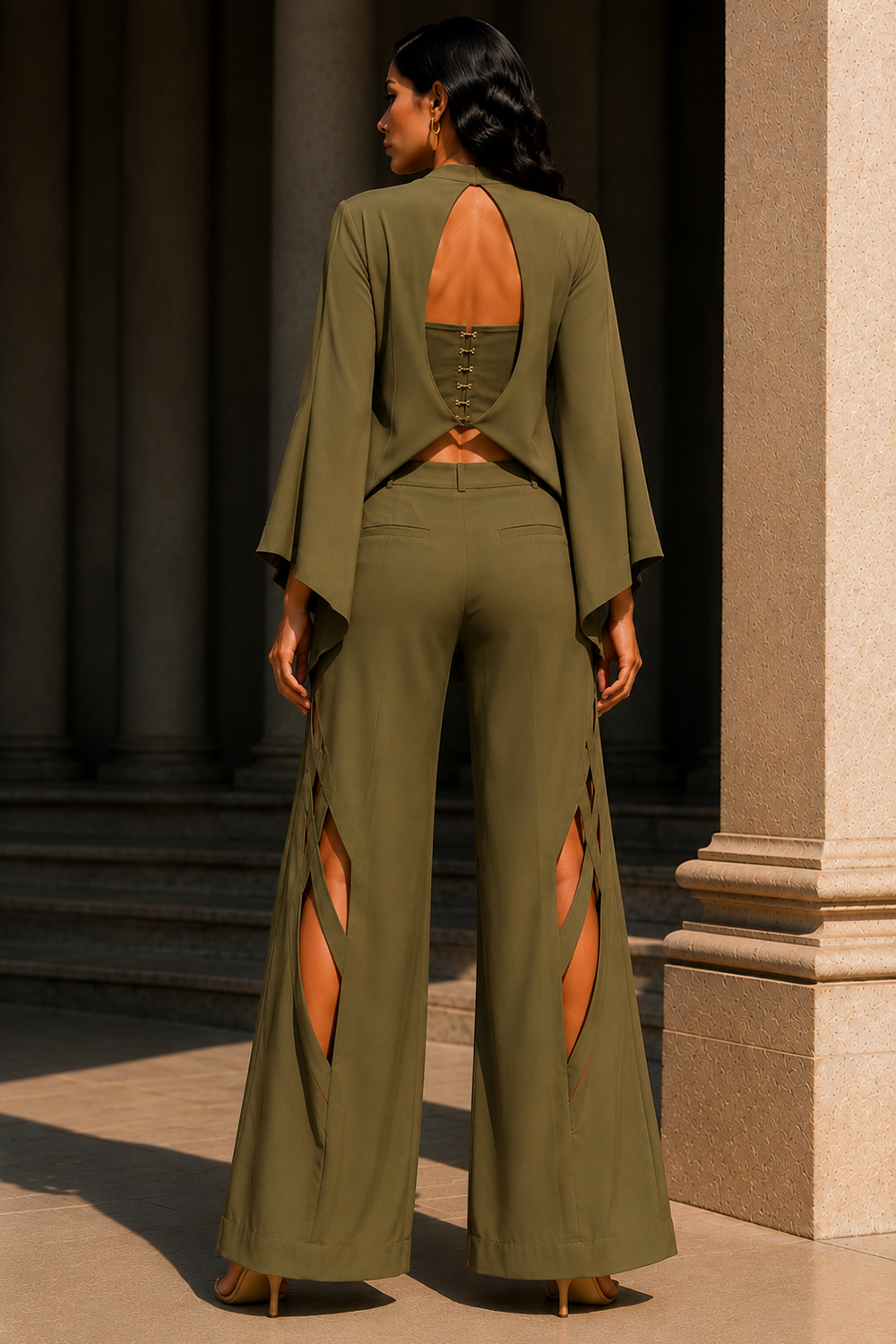 Olive Premium Lycra Corset Co-Ord Set with Open Front Shrug