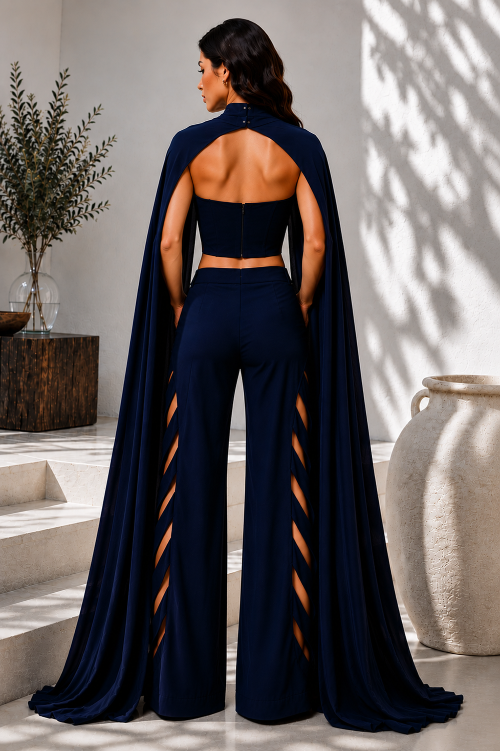 Midnight Blue Premium Lycra Cape Co-Ord Set with Corset Top & Cutout Wide-Leg Pants
