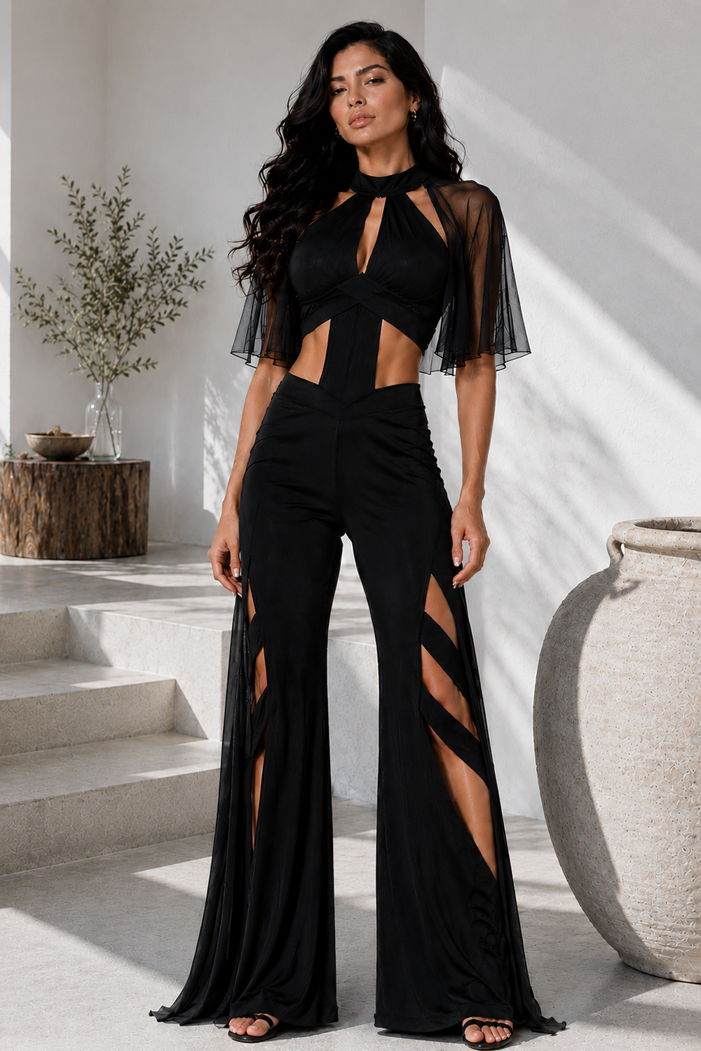 Black Premium Lycra Designer Co-Ord Set with Sheer Cape Sleeves