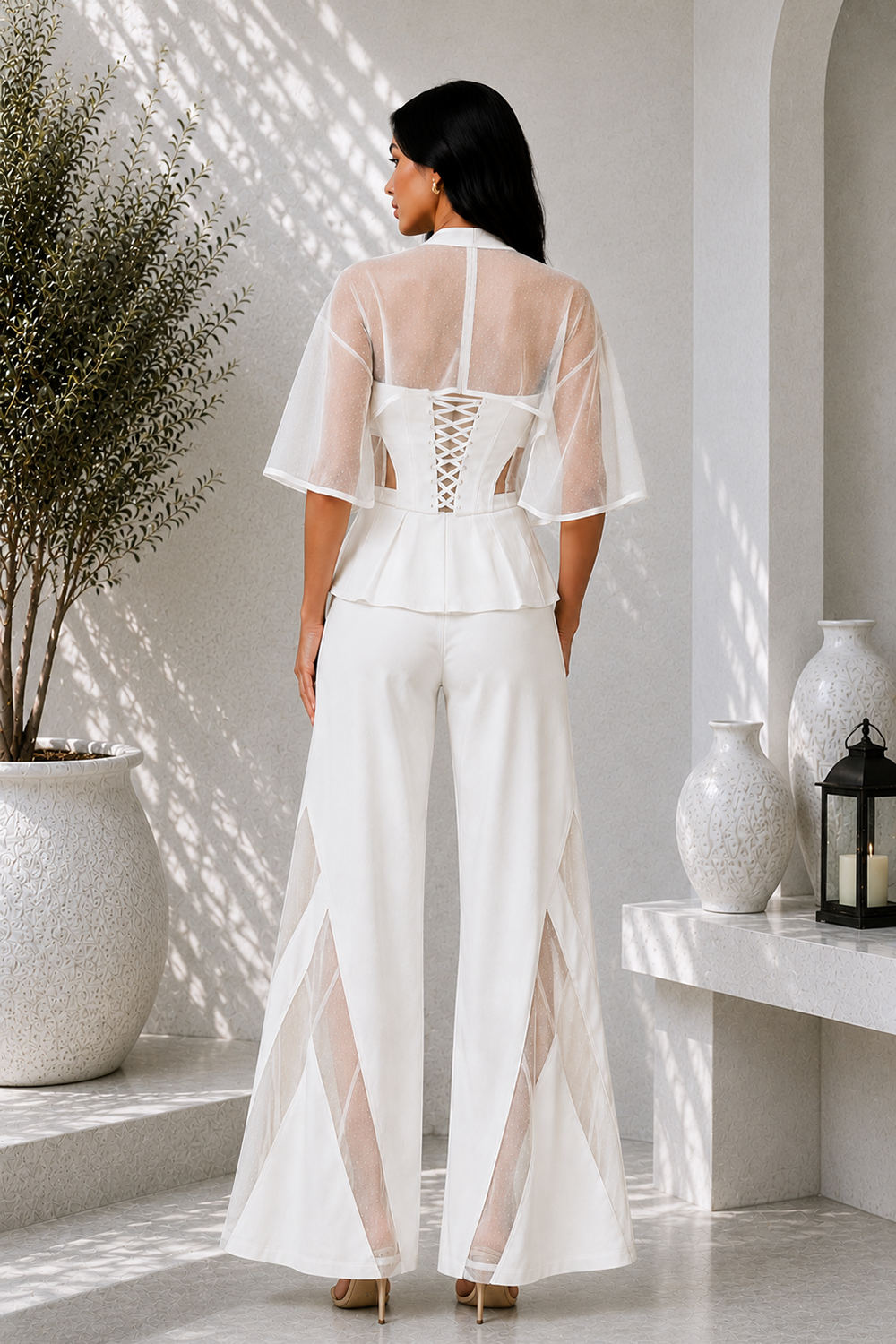 Ivory Premium Lycra Corset Co-Ord Set with Sheer Cape Sleeves