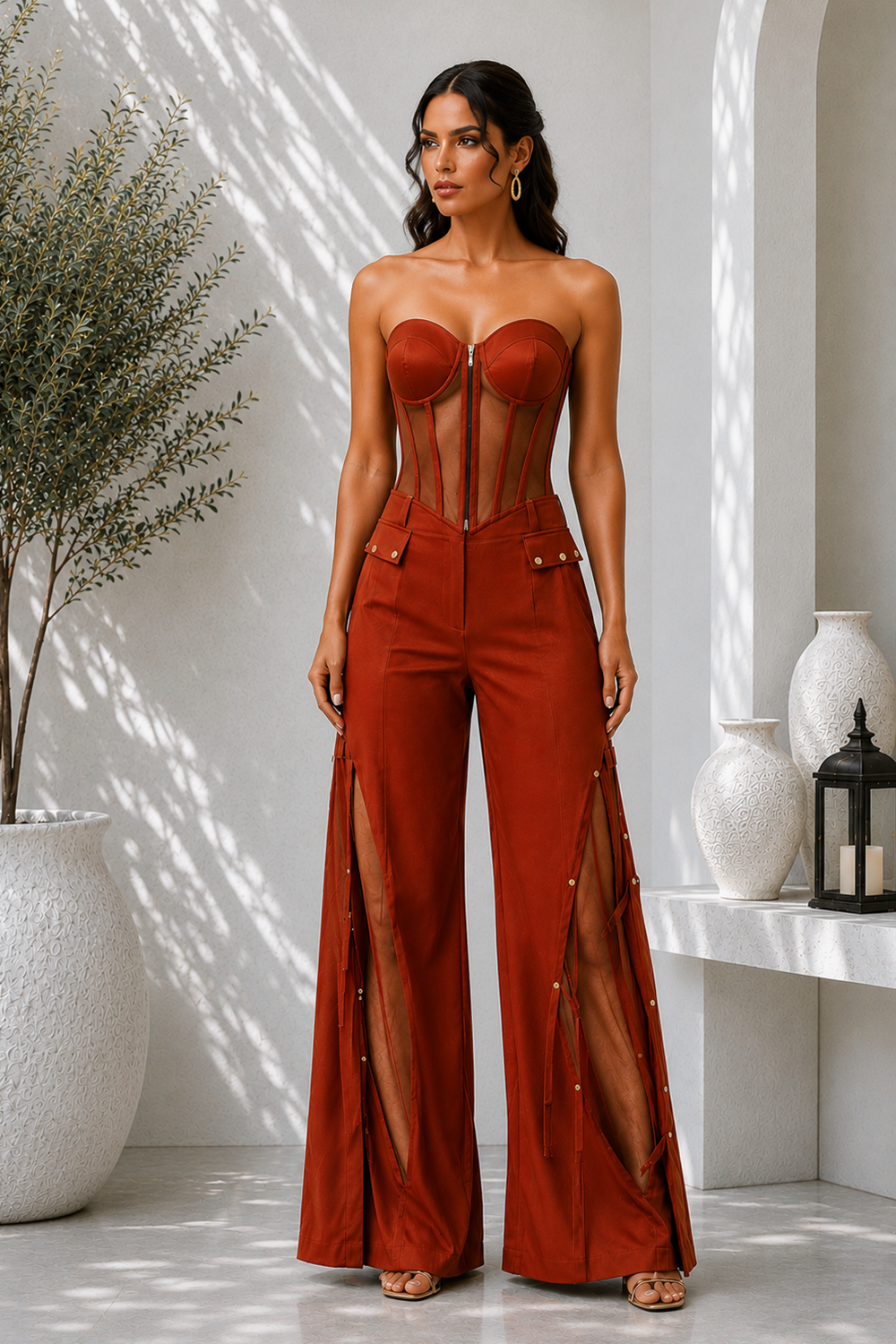 Wine Premium Lycra Corset Co-Ord Set with Sheer Panel Bustier