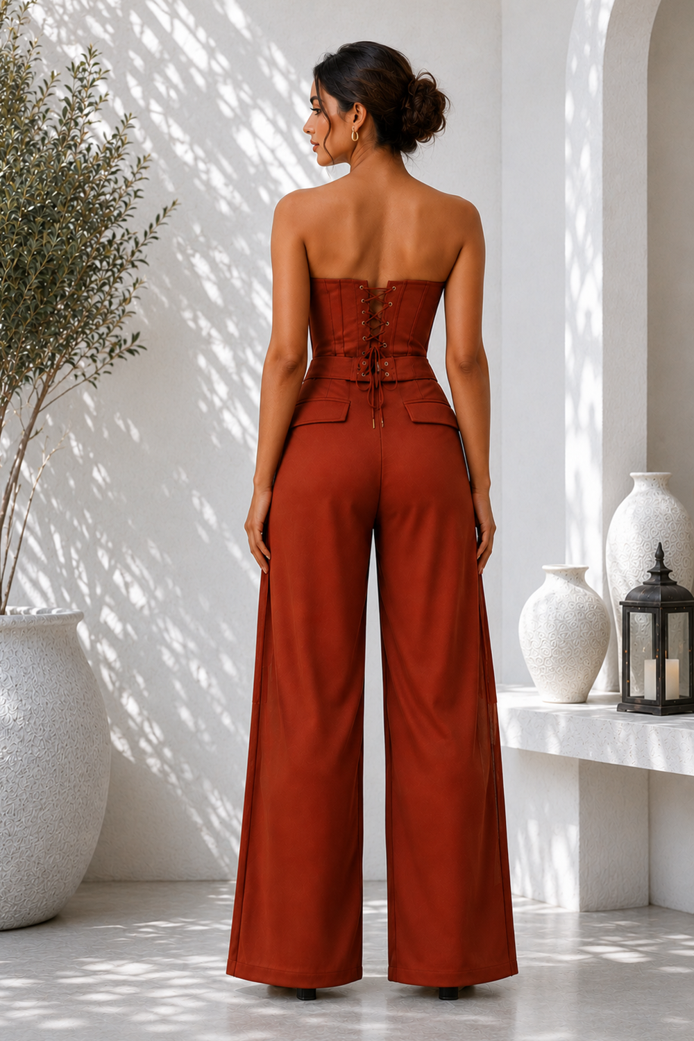 Wine Premium Lycra Corset Co-Ord Set with Sheer Panel Bustier