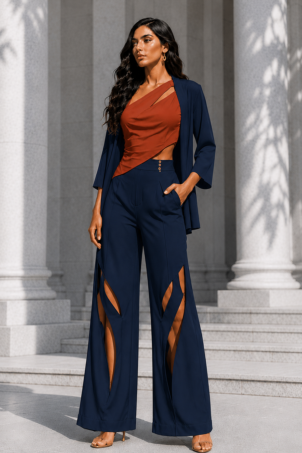 Wine & Midnight Blue Premium Lycra Designer Co-Ord Set