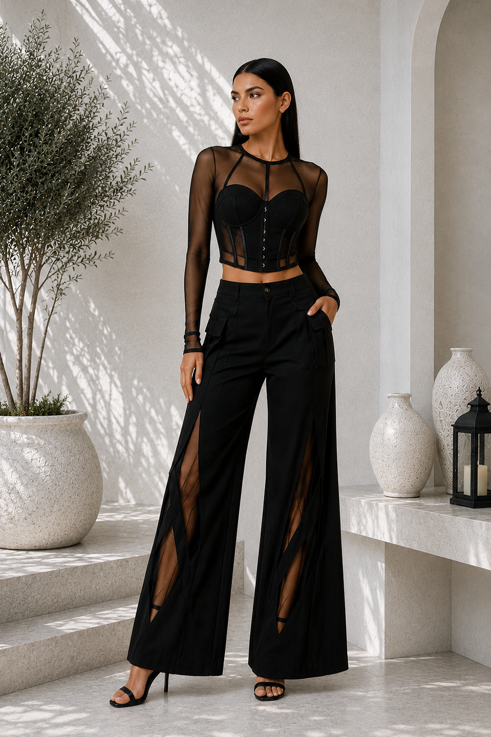 Black Lycra Corset Co-Ord Set with Sheer Mesh Top & Cut-Out Wide-Leg Pant