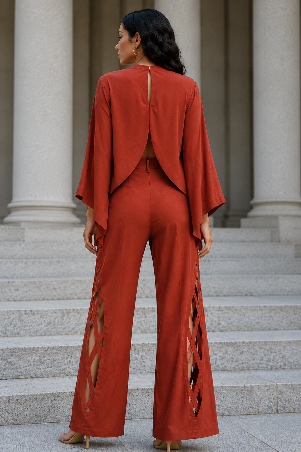 Rust Lycra Three-Piece Co-Ord Set for Women with Corset Top, Cape Jacket