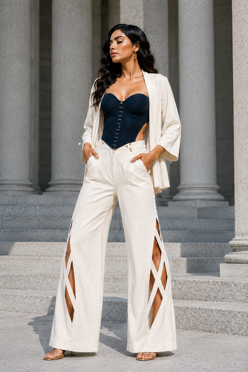 Ivory & Midnight Blue Lycra Three-Piece Co-Ord Set with Corset Top, Cape Jacket