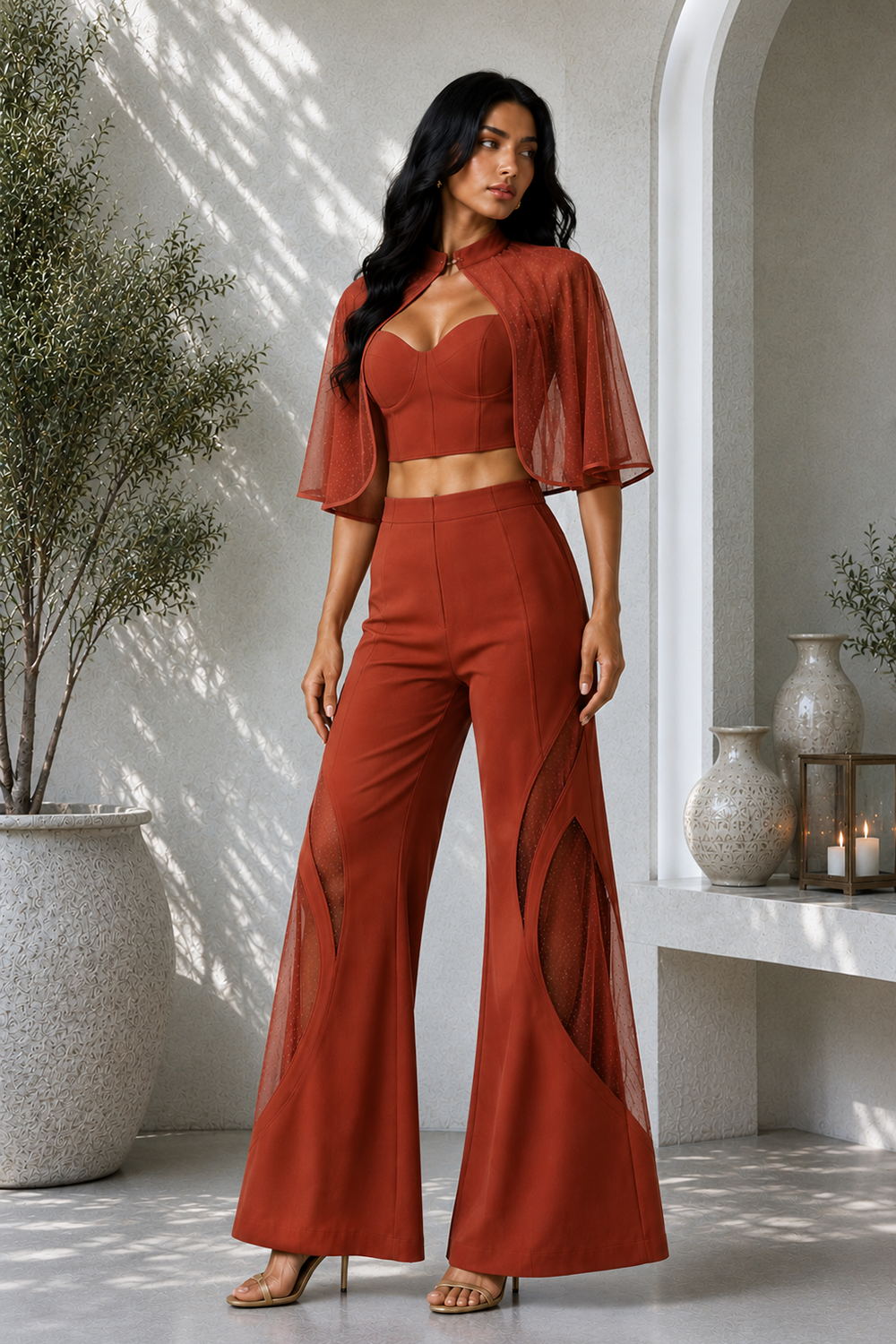 Rust Lycra Three-Piece Co-Ord Set with Corset Top, Sheer Cape