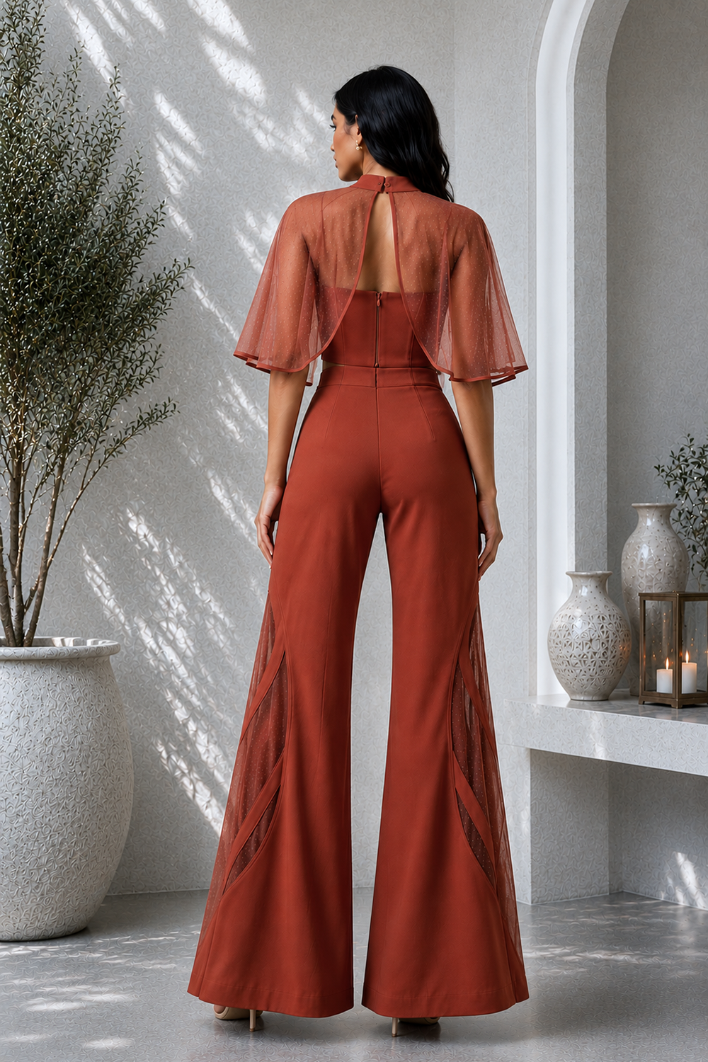 Rust Lycra Three-Piece Co-Ord Set with Corset Top, Sheer Cape