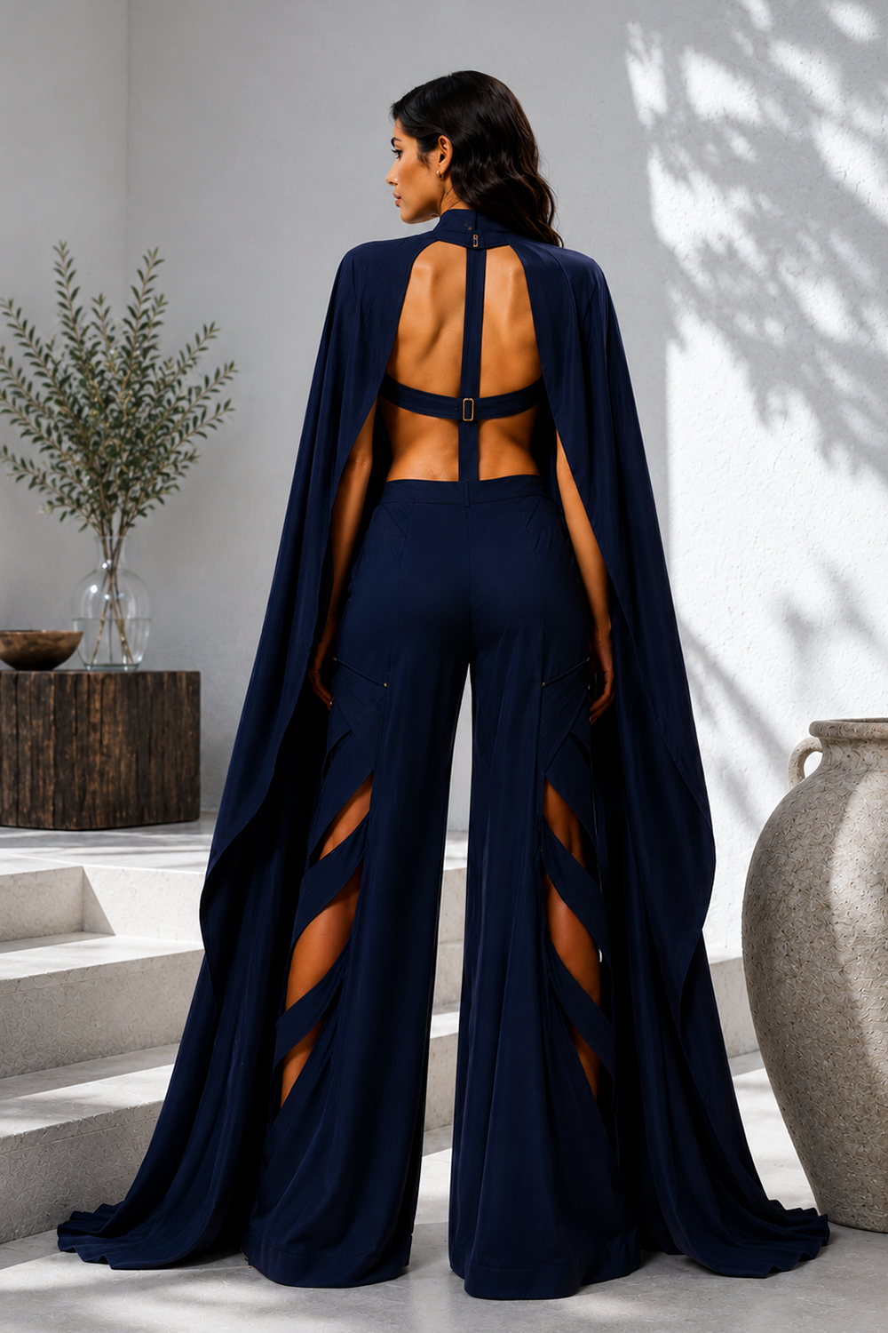 Midnight Blue Sculpted Corset, Statement Cape & Cutwork Wide-Leg Pants