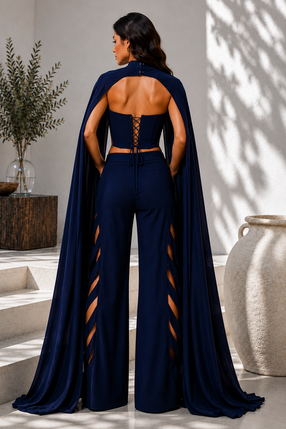 Midnight Blue Corset Top, Cape & Cutwork Wide-Leg Pant