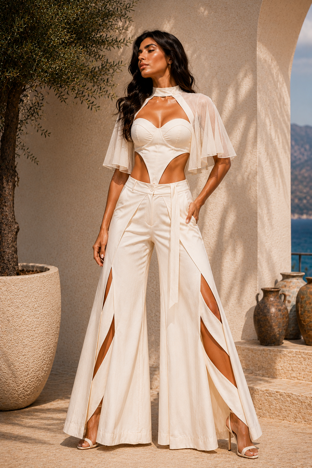 Ivory White Cut-Out Corset Co-Ord Set with Sheer Cape Sleeves & Wide-Leg Trousers
