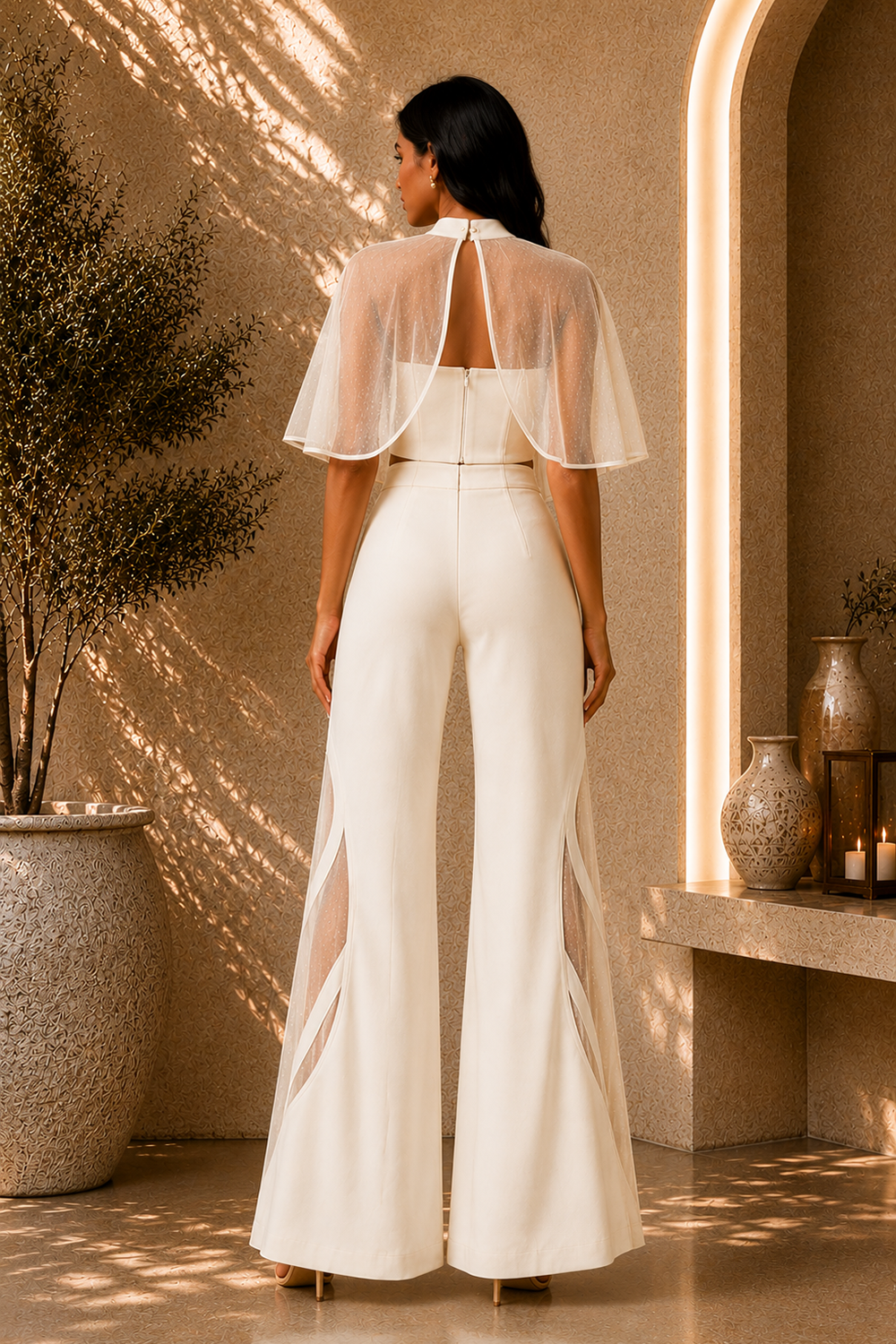 Ivory White Corset Top & Wide-Leg Pants Co-Ord Set with Sheer Polka-Dot Cape Sleeves