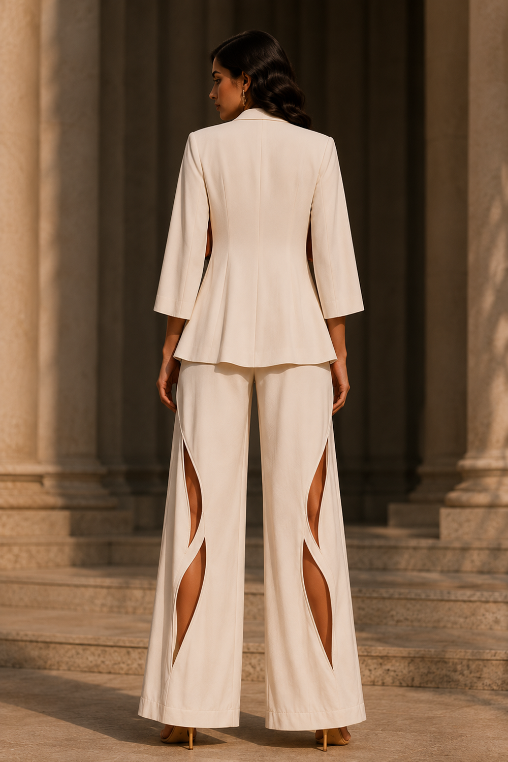 Women’s Rust Asymmetric Draped Top with Ivory Blazer & Cut-Out Wide-Leg Trousers