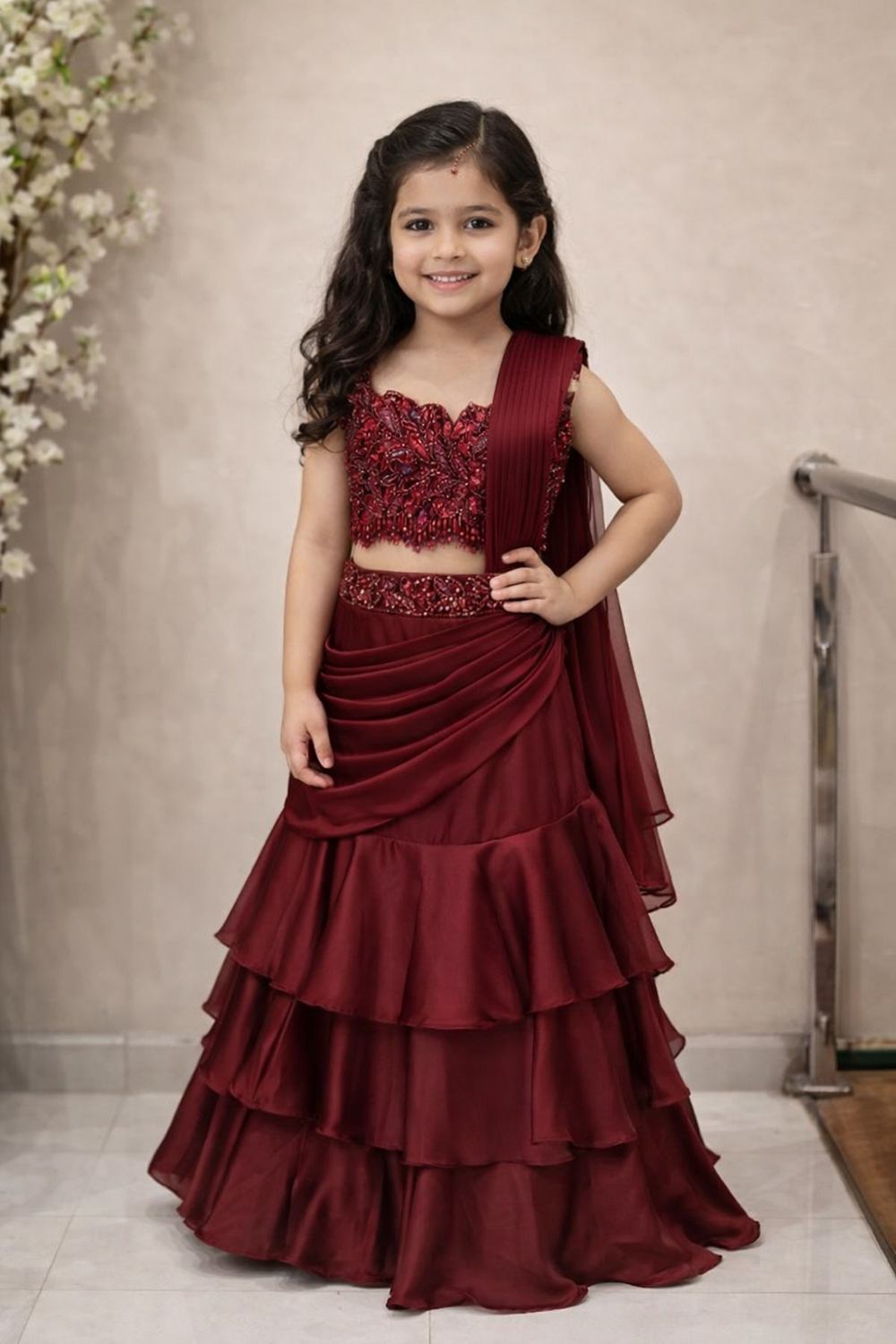 Hand Embroidered Blouse With Layered Skirt N Attach Drape Duppatta