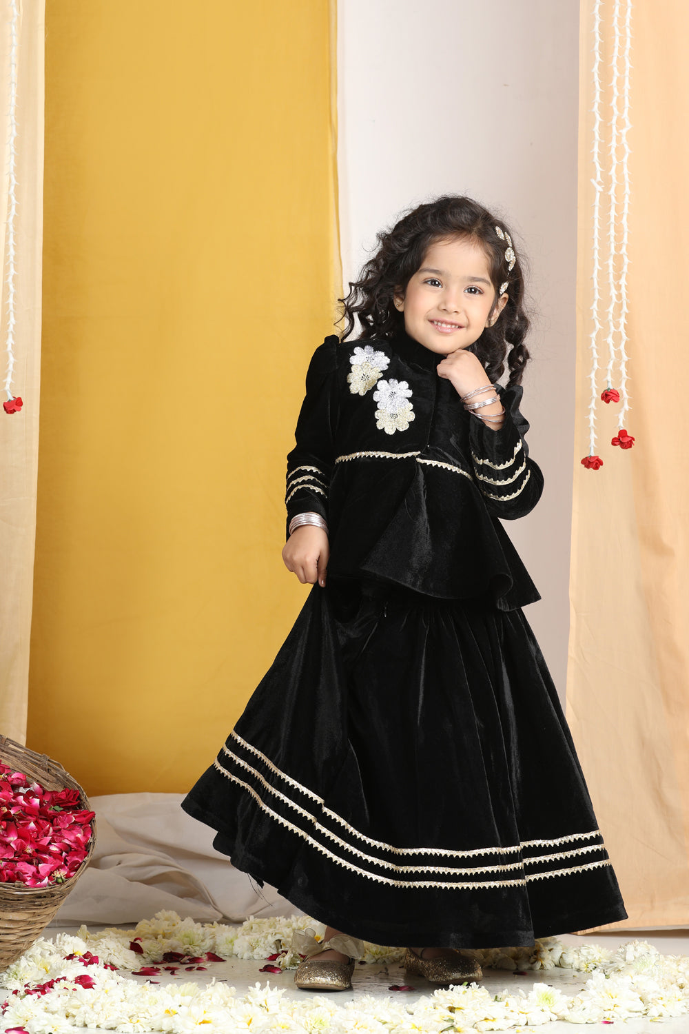 Flattened Thread Work Embroidery On The Peplum Blouse With Gotta Detailing On The Lehanga