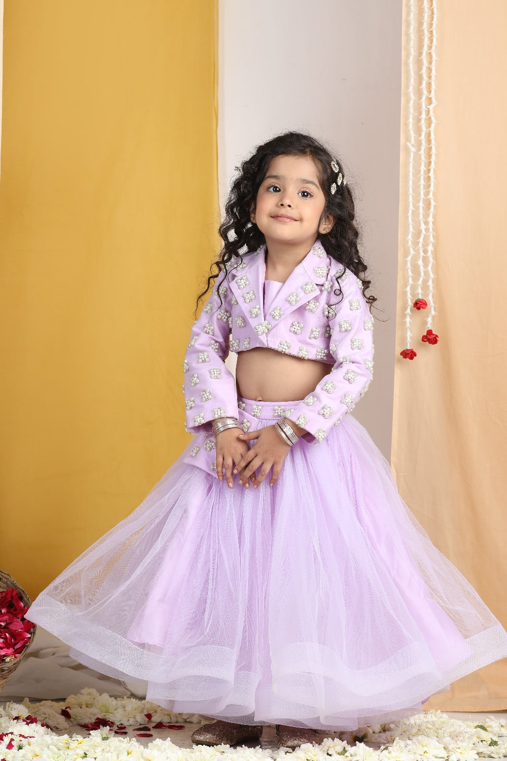 Pearl N Swaroski Work On Blouse N Lehanga Belt With Net Flare Lehanga