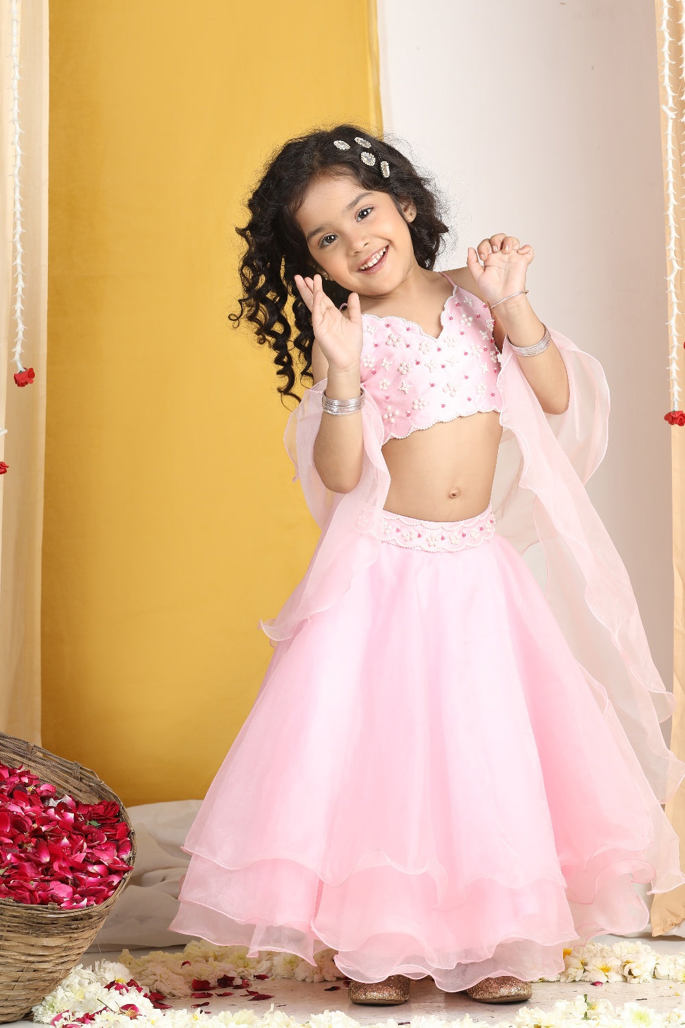 Pearl Work On Blouse With Organza Lehanga