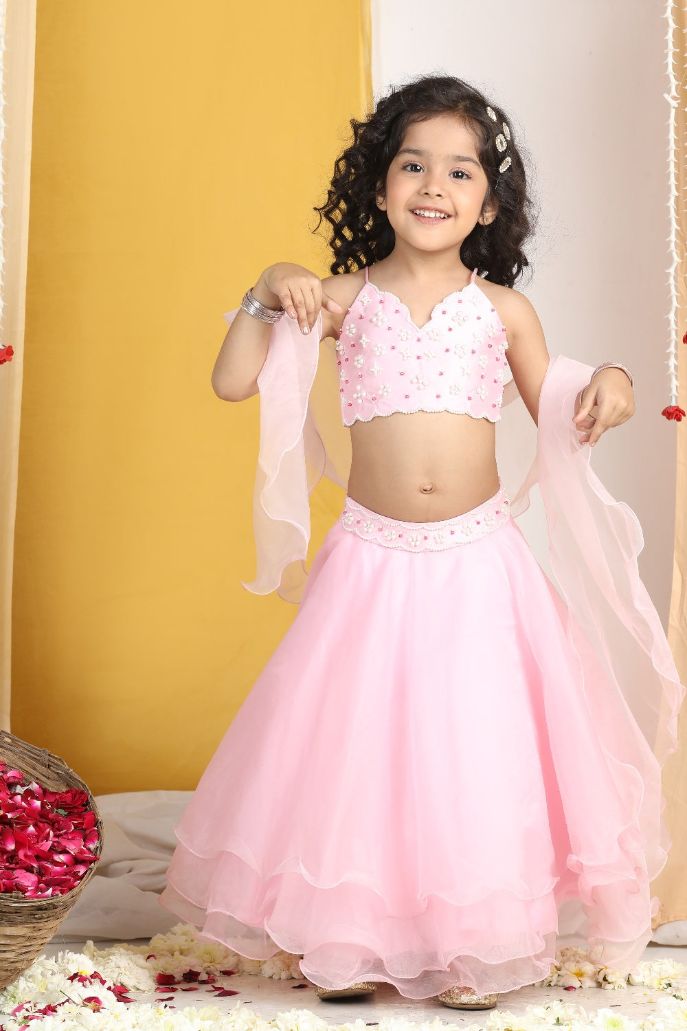 Pearl Work On Blouse With Organza Lehanga