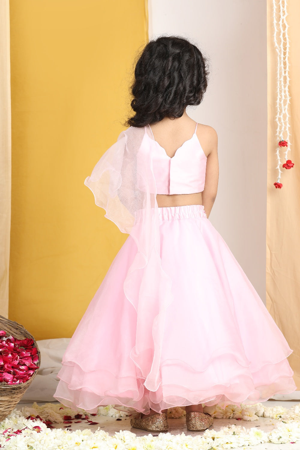 Pearl Work On Blouse With Organza Lehanga