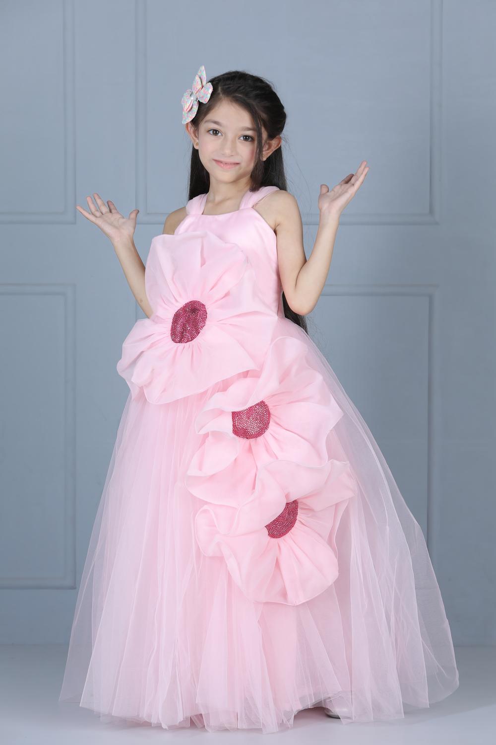 Net Flare Dress With 3D Flower