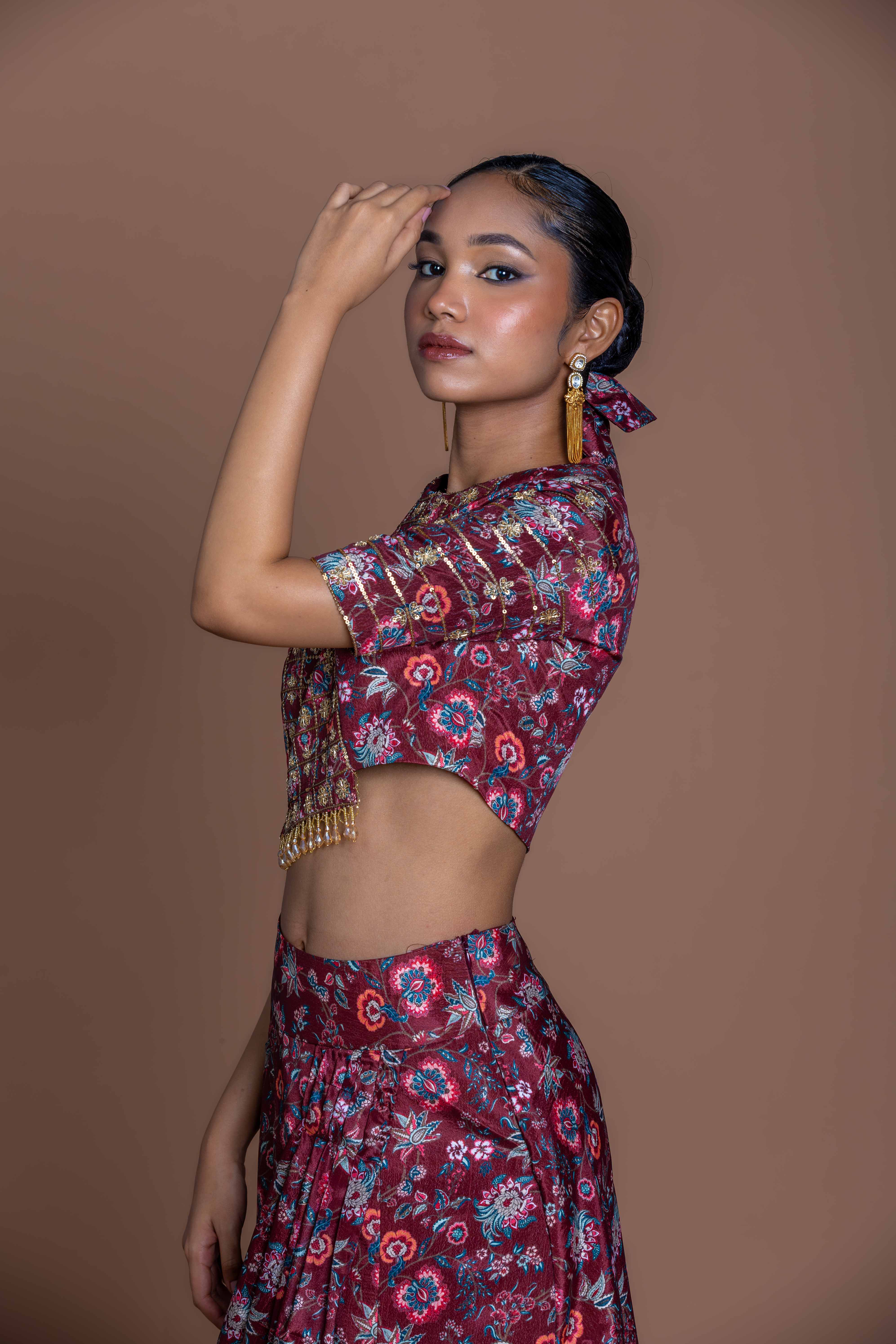 Garnet Grid Draped Skirt Set