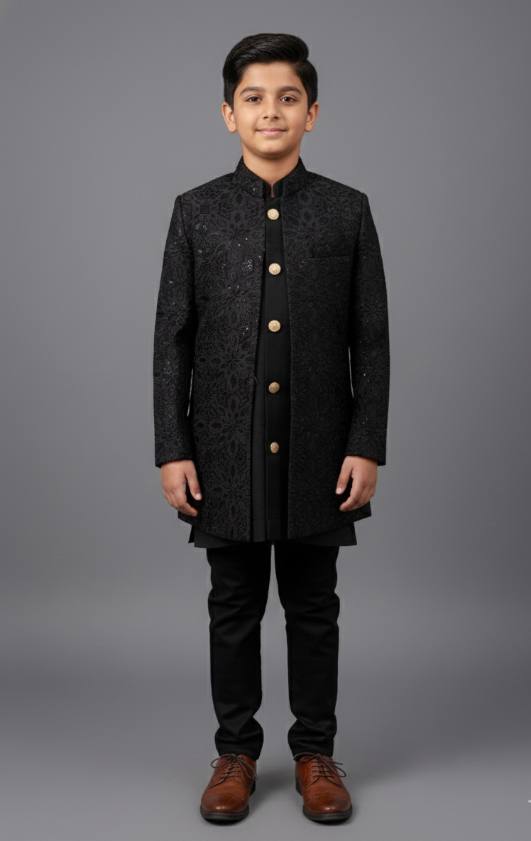 Black Embroidered Front Open Jodhpuri 3-Piece Set for Boys - CuddlesClothing