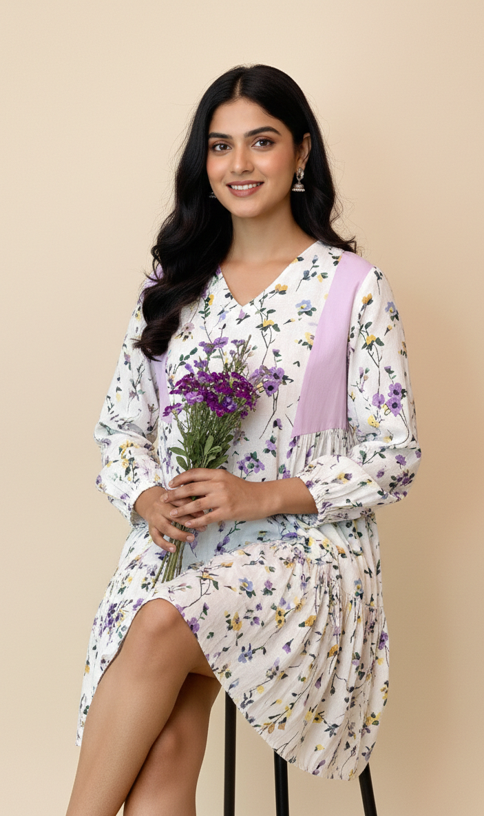 Lavender Floral Linen Midi Dress - CuddlesClothing