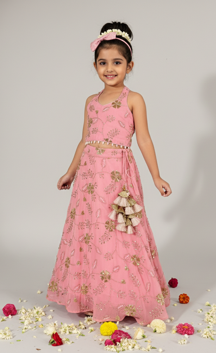 Girls' Pink Floral Embroidered Lehenga Set | Halter Neck Ethnic Wear - CuddlesClothing