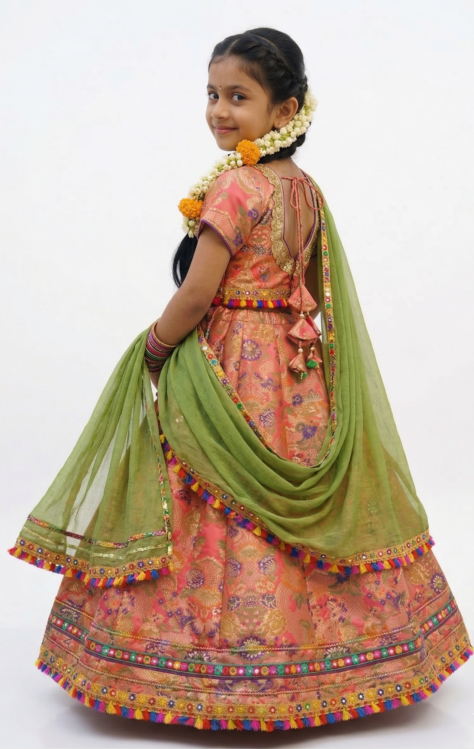 Girls Banarsi Silk Lehenga Set with Net Dupatta