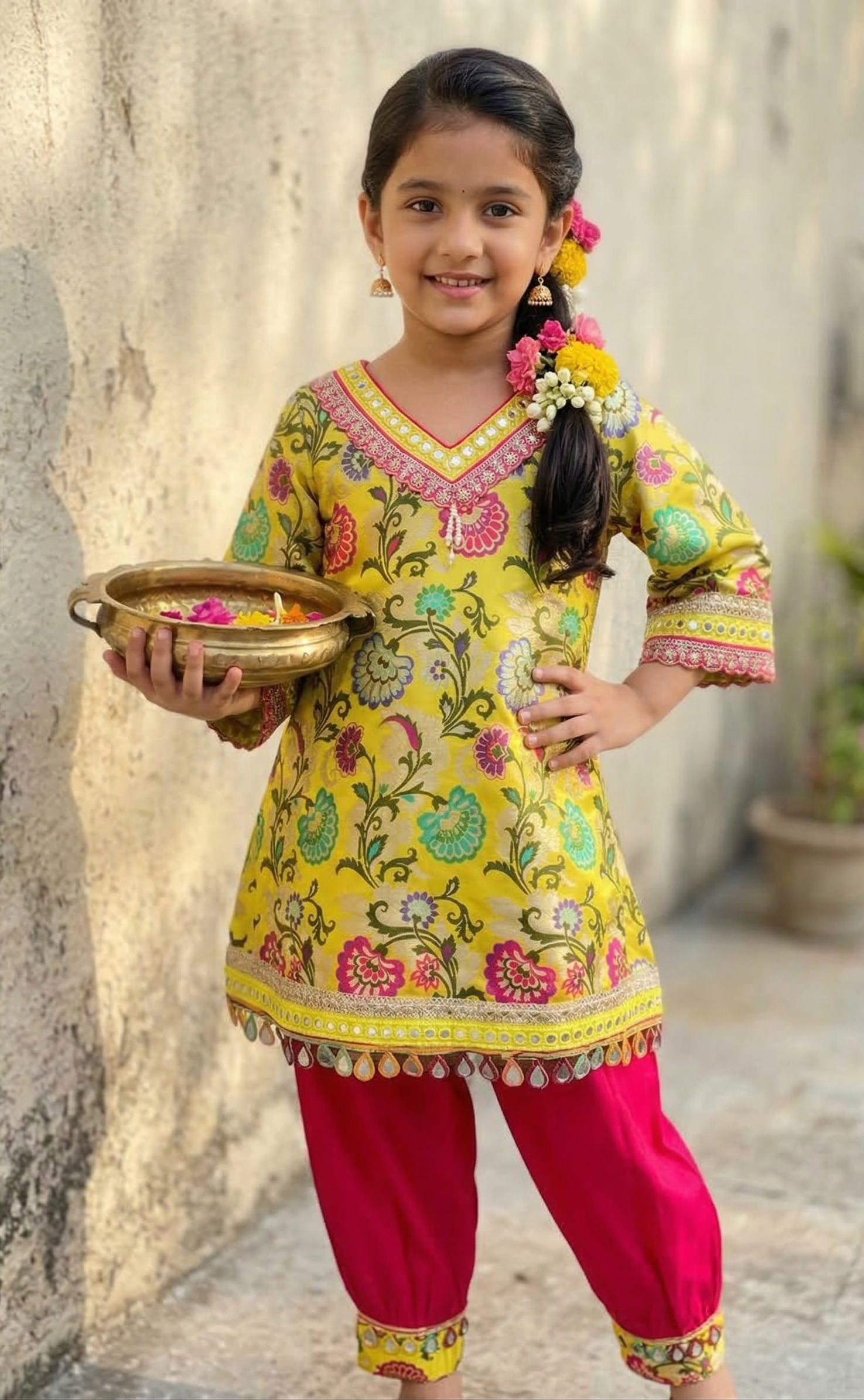 Yellow Banarsi Silk Girls Kurta Set with Pink Cotton Silk Salwar