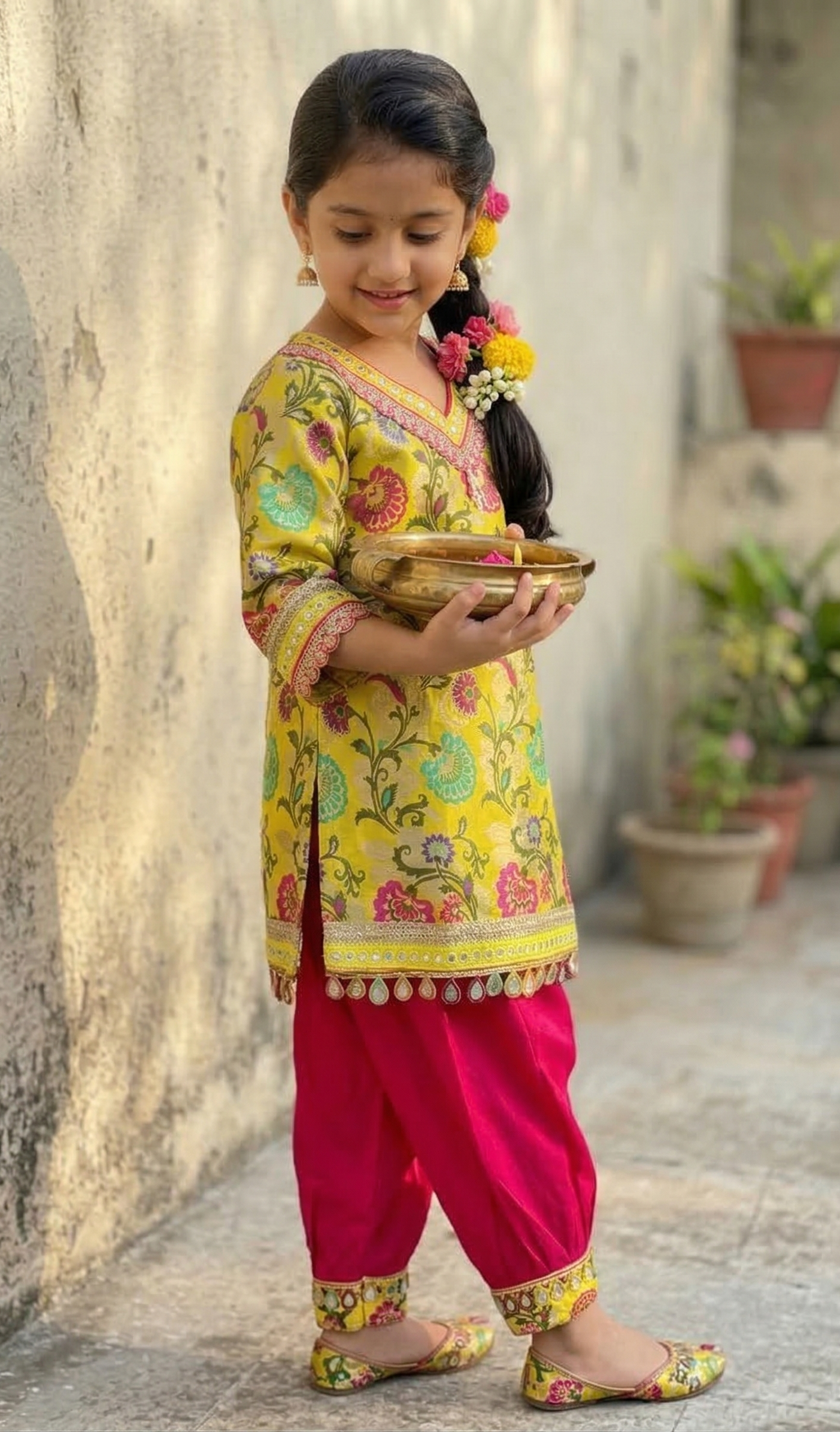 Yellow Banarsi Silk Girls Kurta Set with Pink Cotton Silk Salwar