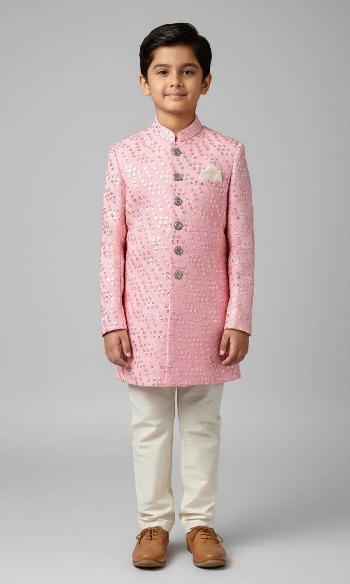 Pink Mirror Work Achkan for Boys with Off-White Pants - CuddlesClothing