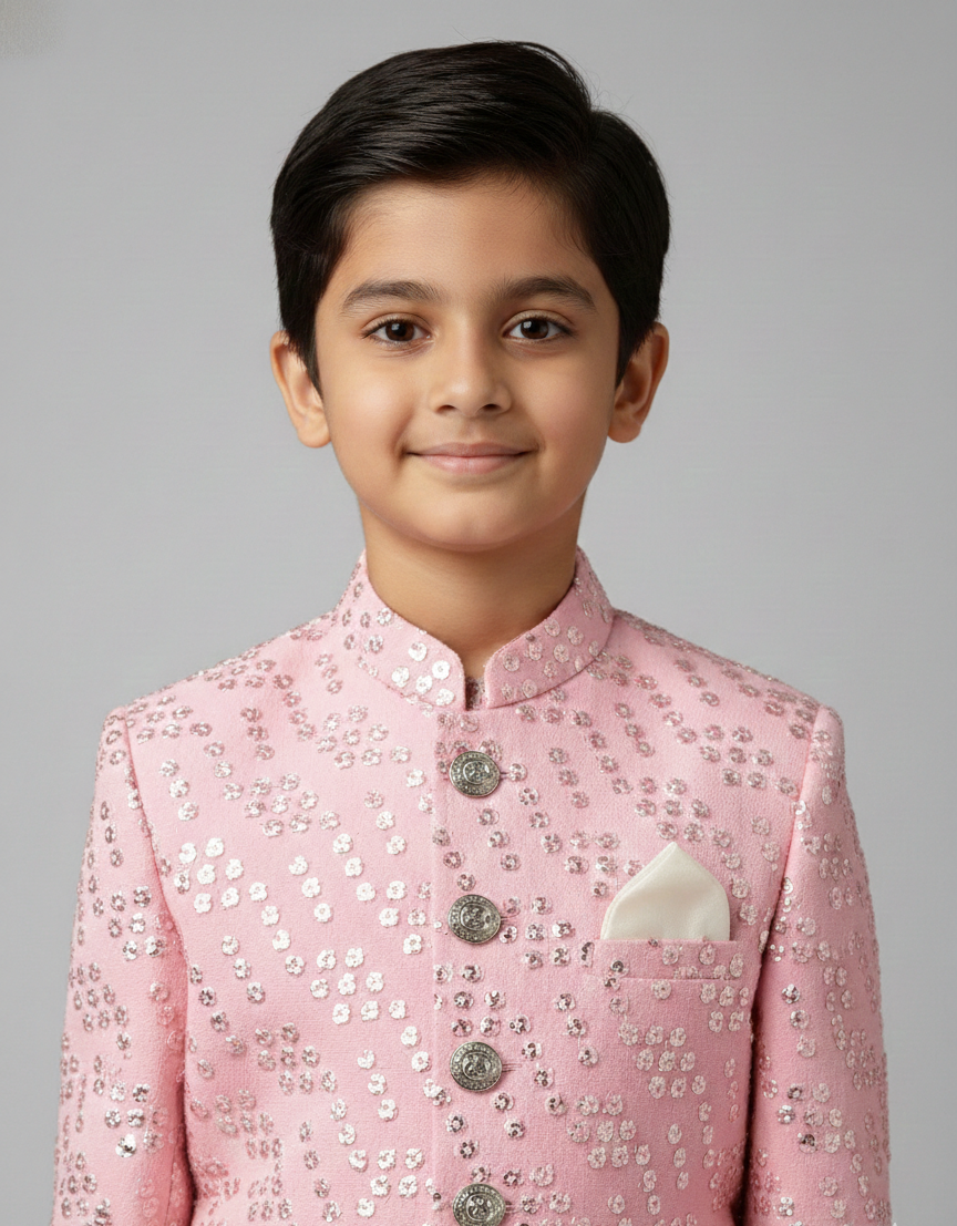 Pink Mirror Work Achkan for Boys with Off-White Pants - CuddlesClothing